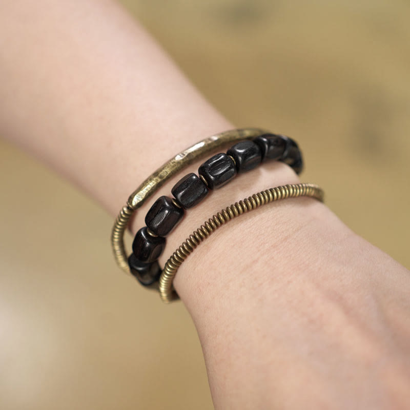 Nimara Ritual Vintage Peace Tibetan Ebony Wood Beads Copper Multilayered Healing Bracelet