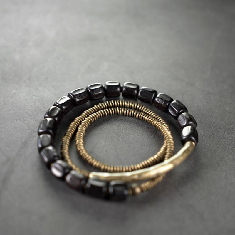 Nimara Ritual Vintage Peace Tibetan Ebony Wood Beads Copper Multilayered Healing Bracelet