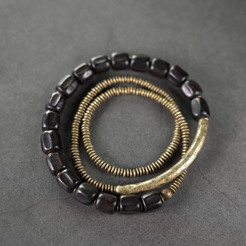 Nimara Ritual Vintage Peace Tibetan Ebony Wood Beads Copper Multilayered Healing Bracelet