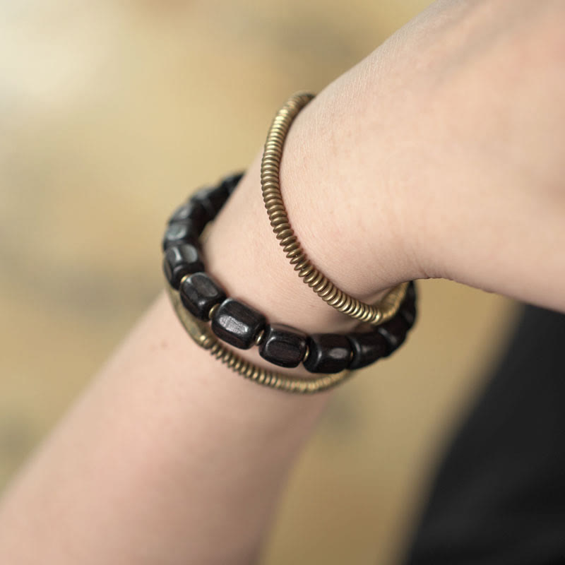 Nimara Ritual Vintage Peace Tibetan Ebony Wood Beads Copper Multilayered Healing Bracelet