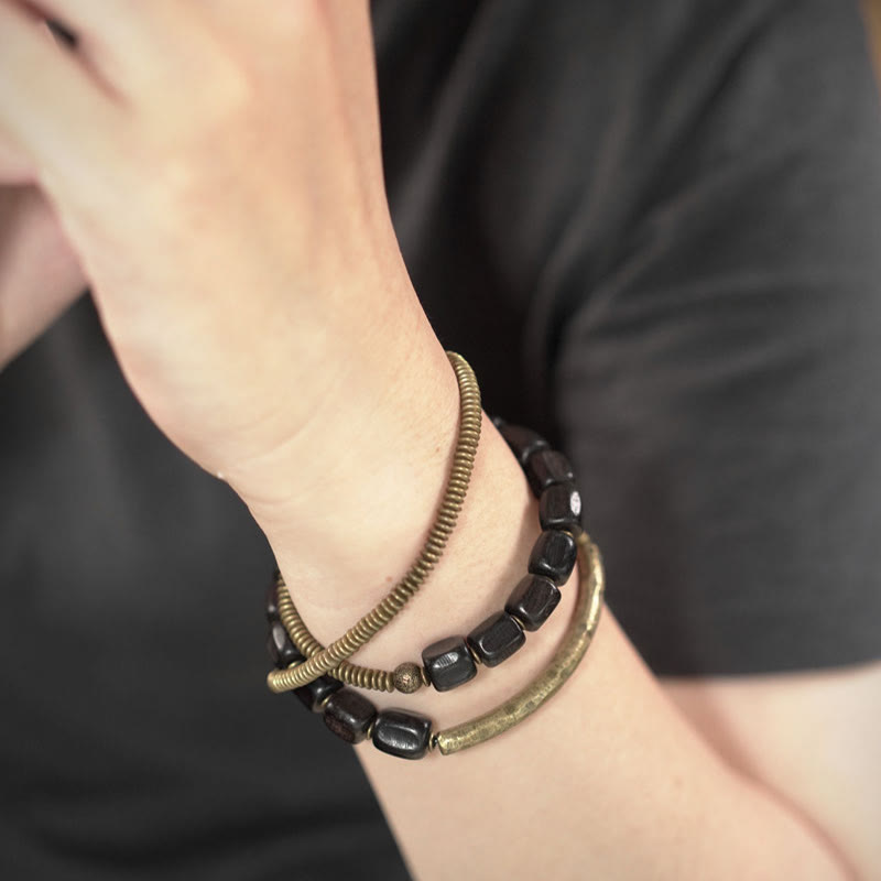 Nimara Ritual Vintage Peace Tibetan Ebony Wood Beads Copper Multilayered Healing Bracelet
