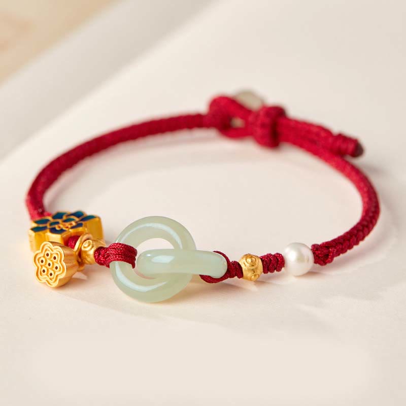 Nimara Ritual Hetian Jade Lotus Peace Buckle Braided Rope Fortune Bracelet