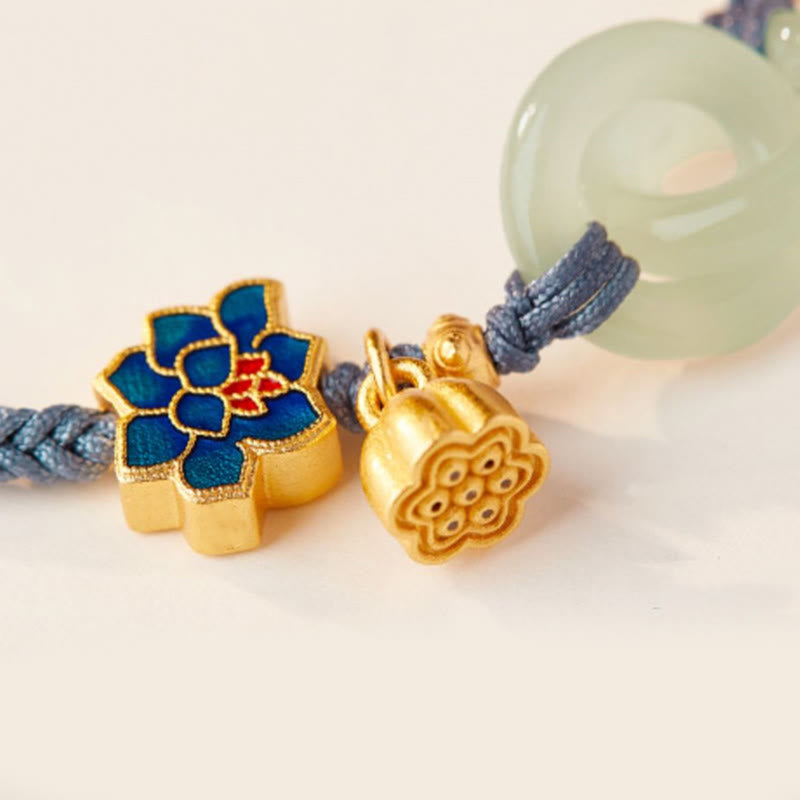 Nimara Ritual Hetian Jade Lotus Peace Buckle Braided Rope Fortune Bracelet