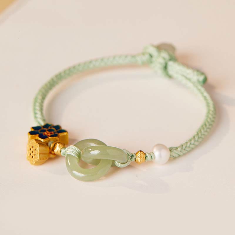 Nimara Ritual Hetian Jade Lotus Peace Buckle Braided Rope Fortune Bracelet
