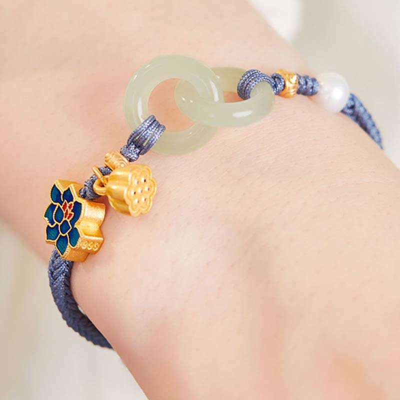 Nimara Ritual Hetian Jade Lotus Peace Buckle Braided Rope Fortune Bracelet