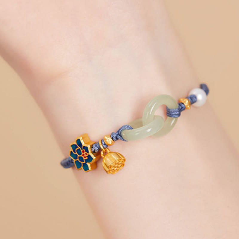 Nimara Ritual Hetian Jade Lotus Peace Buckle Braided Rope Fortune Bracelet