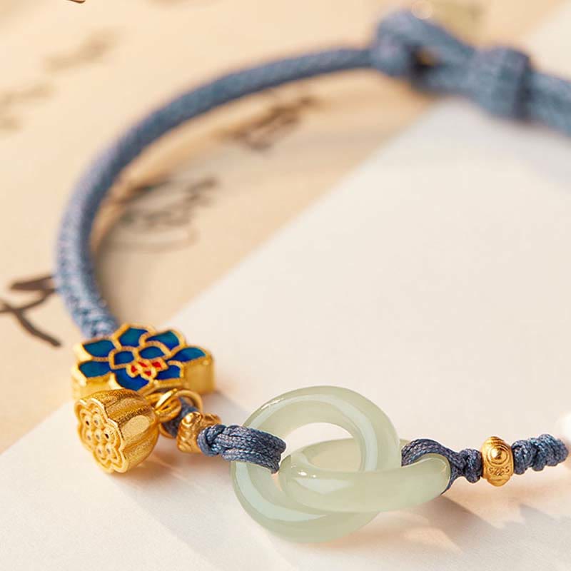 Nimara Ritual Hetian Jade Lotus Peace Buckle Braided Rope Fortune Bracelet