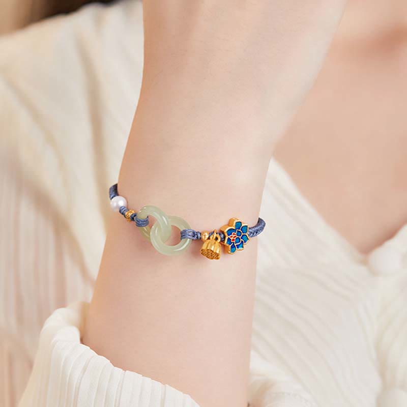 Nimara Ritual Hetian Jade Lotus Peace Buckle Braided Rope Fortune Bracelet