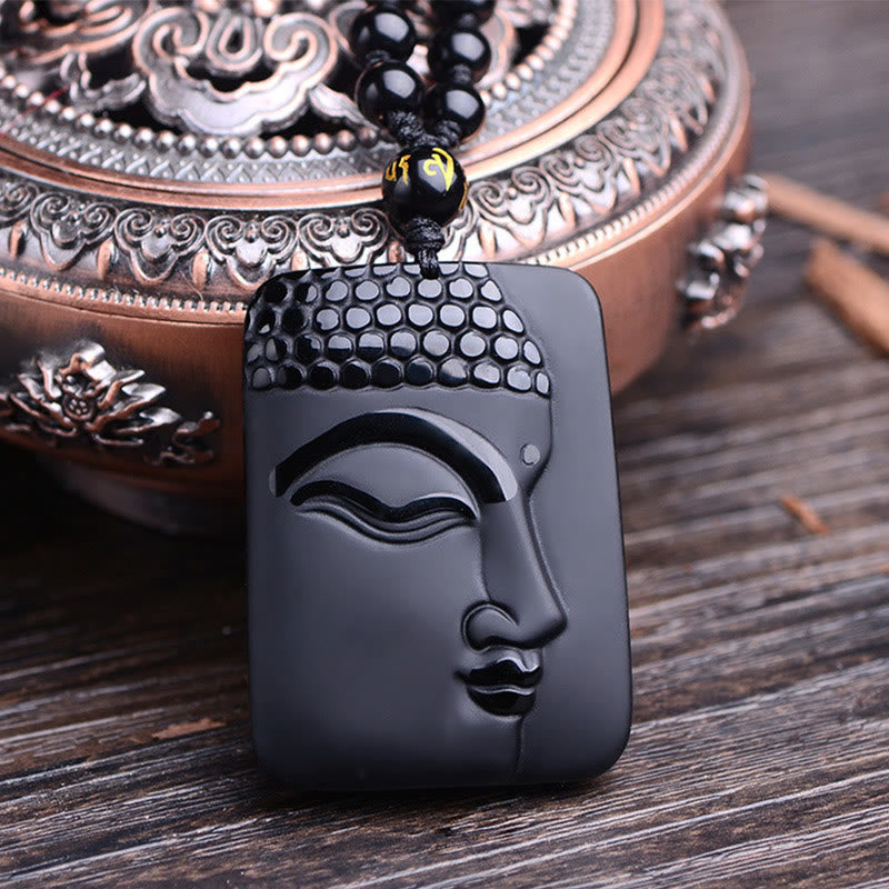 Nimara Ritual Natural Black Obsidian Buddha Prayer Purification Luck Pendant Necklace