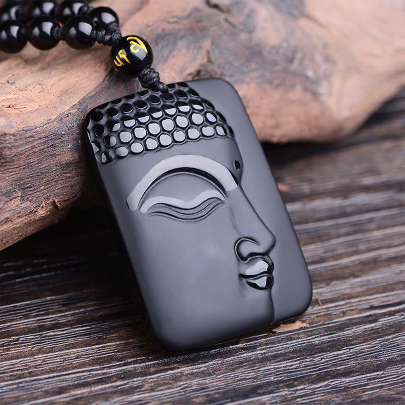 Nimara Ritual Natural Black Obsidian Buddha Prayer Purification Luck Pendant Necklace