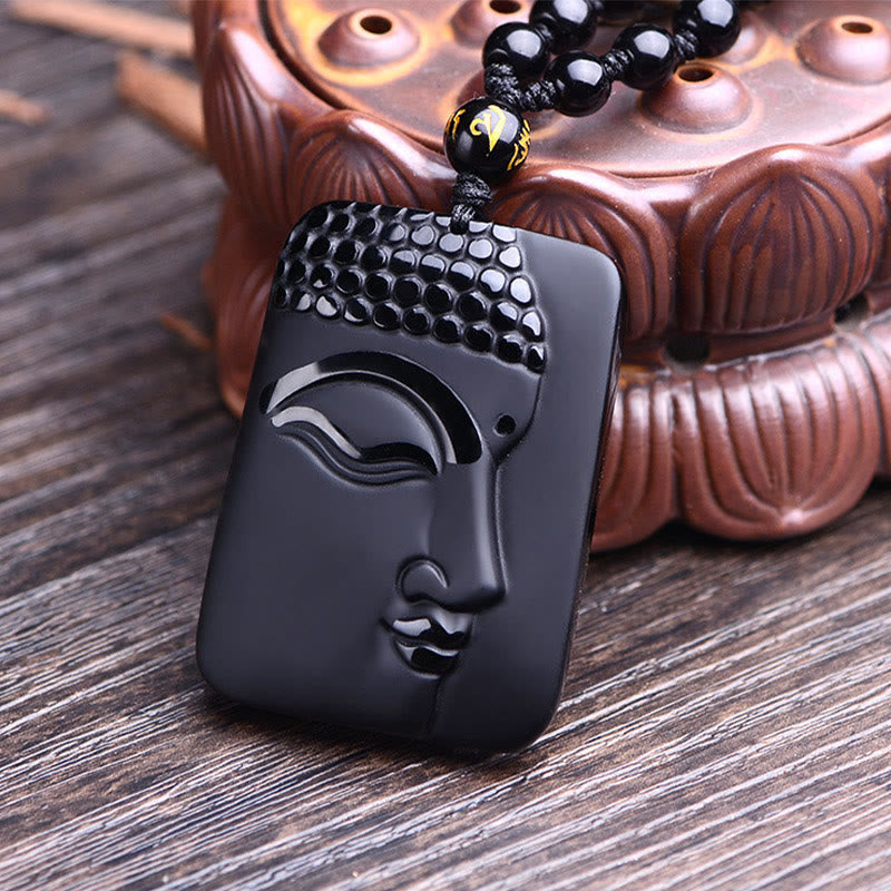 Nimara Ritual Natural Black Obsidian Buddha Prayer Purification Luck Pendant Necklace