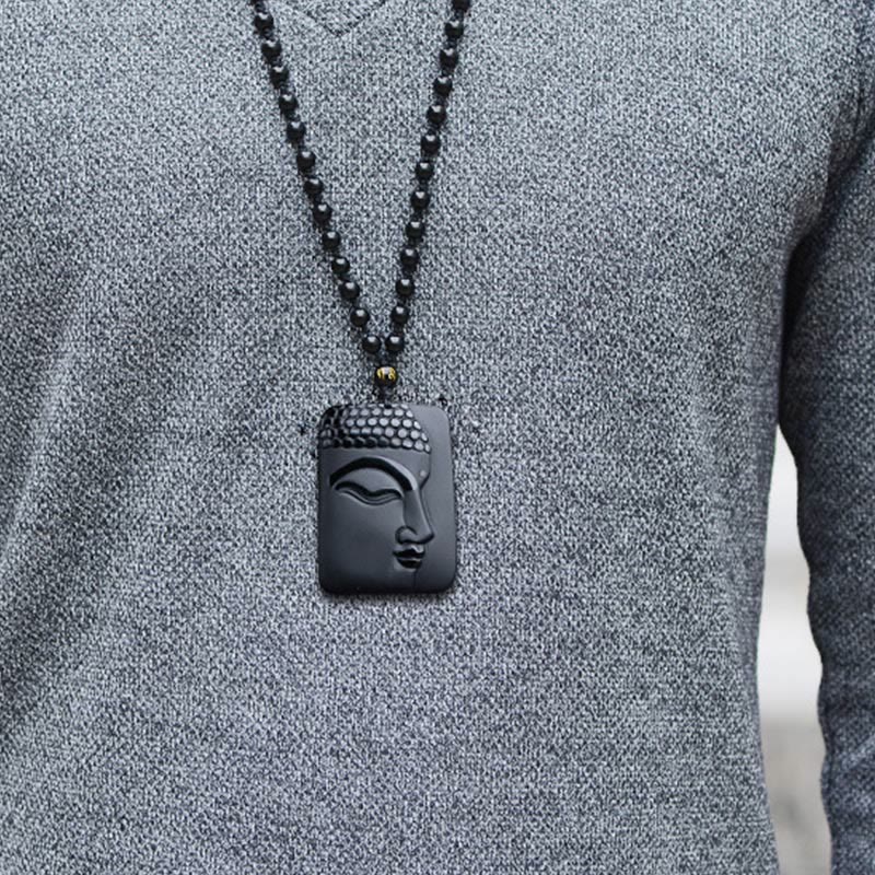 Nimara Ritual Natural Black Obsidian Buddha Prayer Purification Luck Pendant Necklace