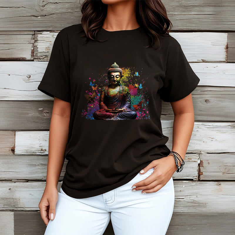 Nimara Ritual Colorful Butterfly Flying Meditation Buddha Tee T-shirt
