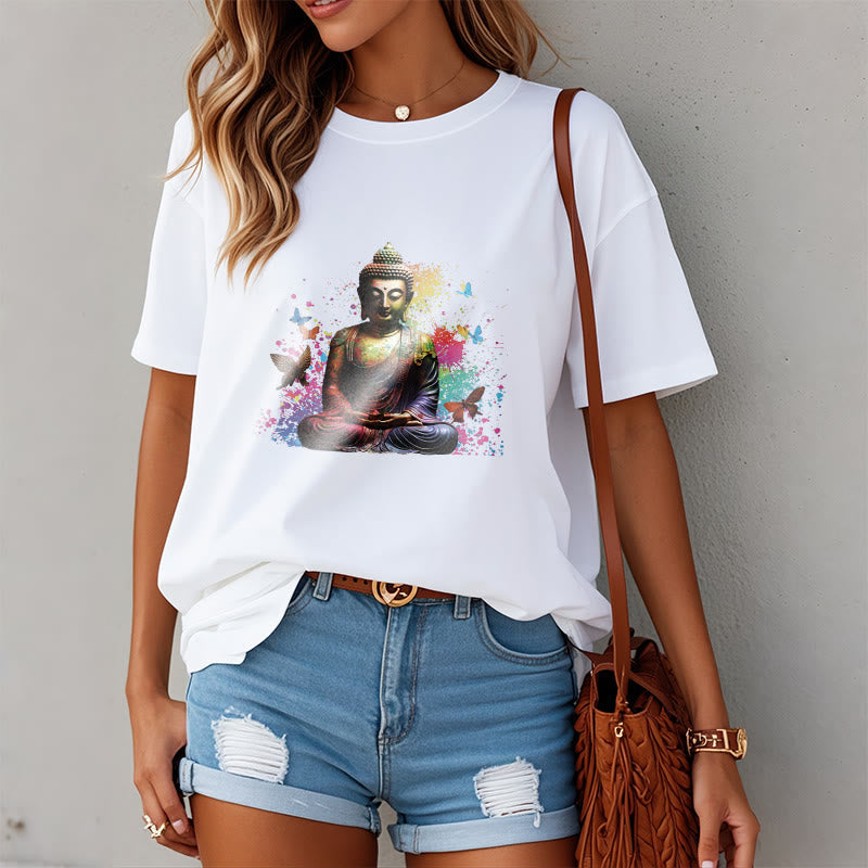Nimara Ritual Colorful Butterfly Flying Meditation Buddha Tee T-shirt