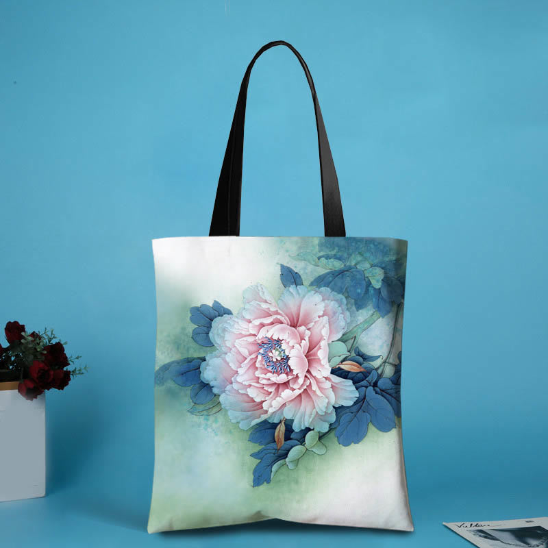 Nimara Ritual Large Capacity Handmade Canvas Ink Lotus Dragonfly Shoulder Bag Shopping Bag