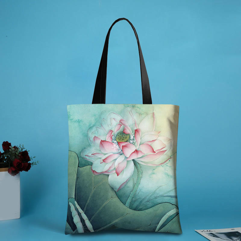 Nimara Ritual Large Capacity Handmade Canvas Ink Lotus Dragonfly Shoulder Bag Shopping Bag