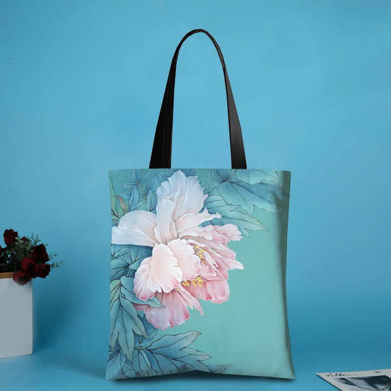 Nimara Ritual Large Capacity Handmade Canvas Ink Lotus Dragonfly Shoulder Bag Shopping Bag