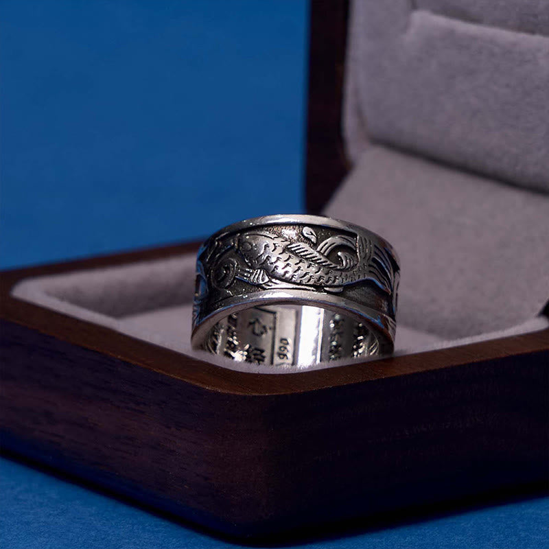 Nimara Ritual Koi Fish Heart Sutra Carved Design Luck Wealth Ring