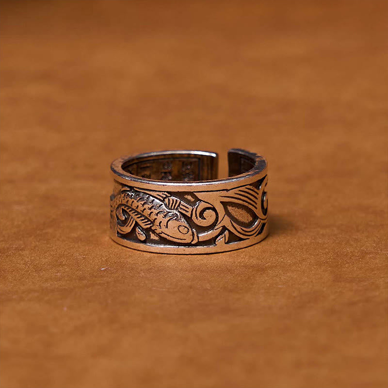 Nimara Ritual Koi Fish Heart Sutra Carved Design Luck Wealth Ring