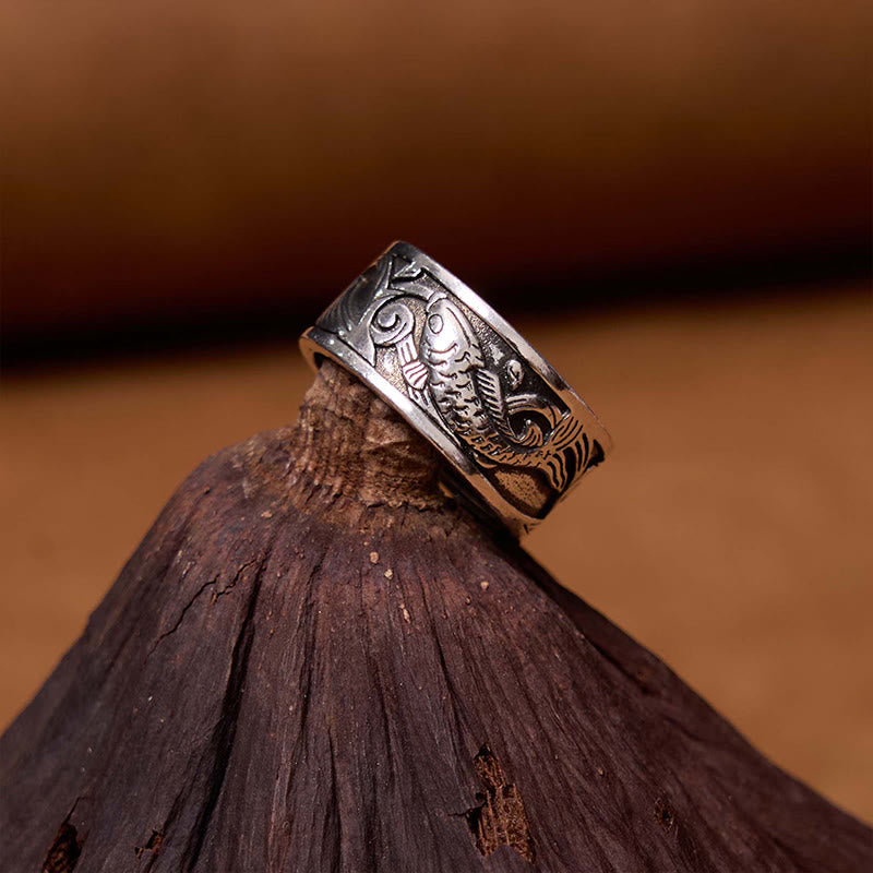 Nimara Ritual Koi Fish Heart Sutra Carved Design Luck Wealth Ring