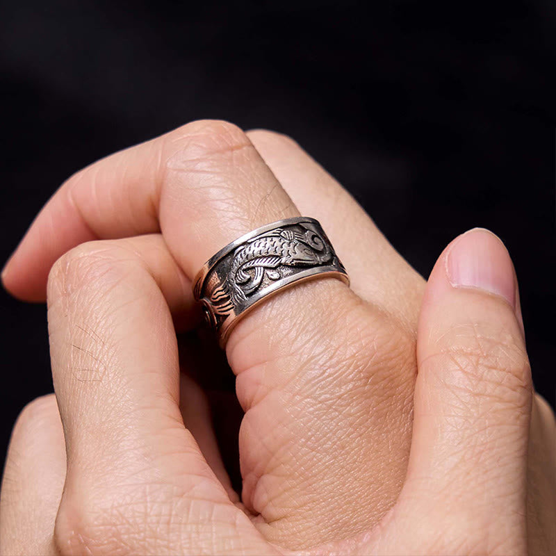 Nimara Ritual Koi Fish Heart Sutra Carved Design Luck Wealth Ring