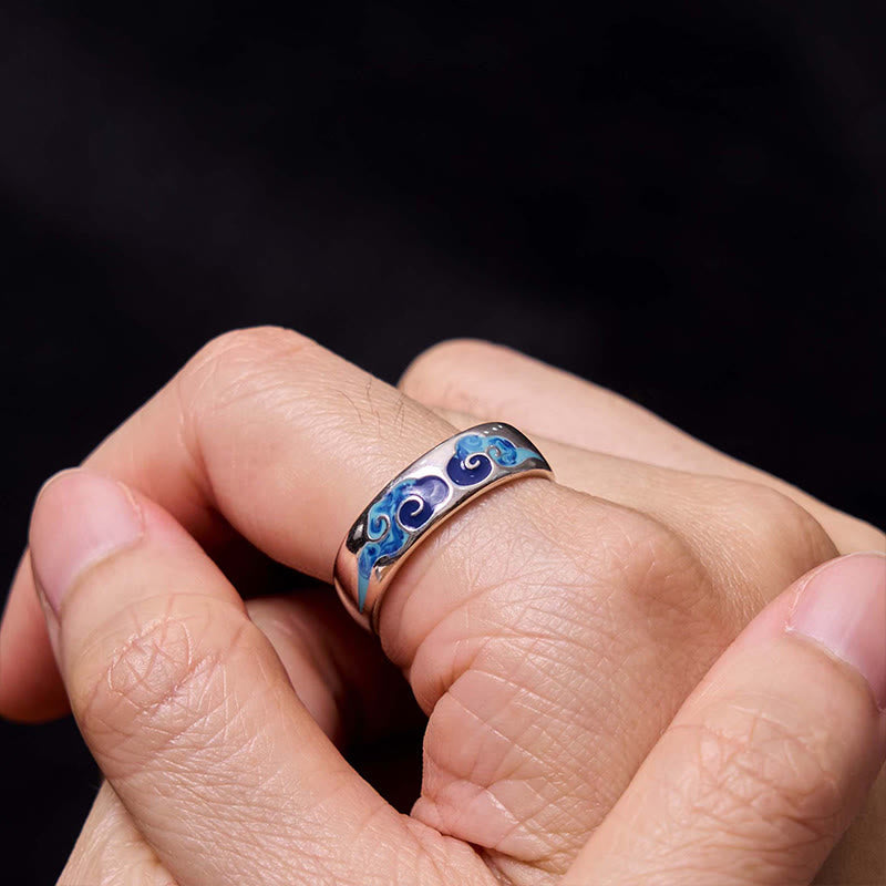 Nimara Ritual Blue Auspicious Clouds Pattern Wealth Copper Adjustable Ring