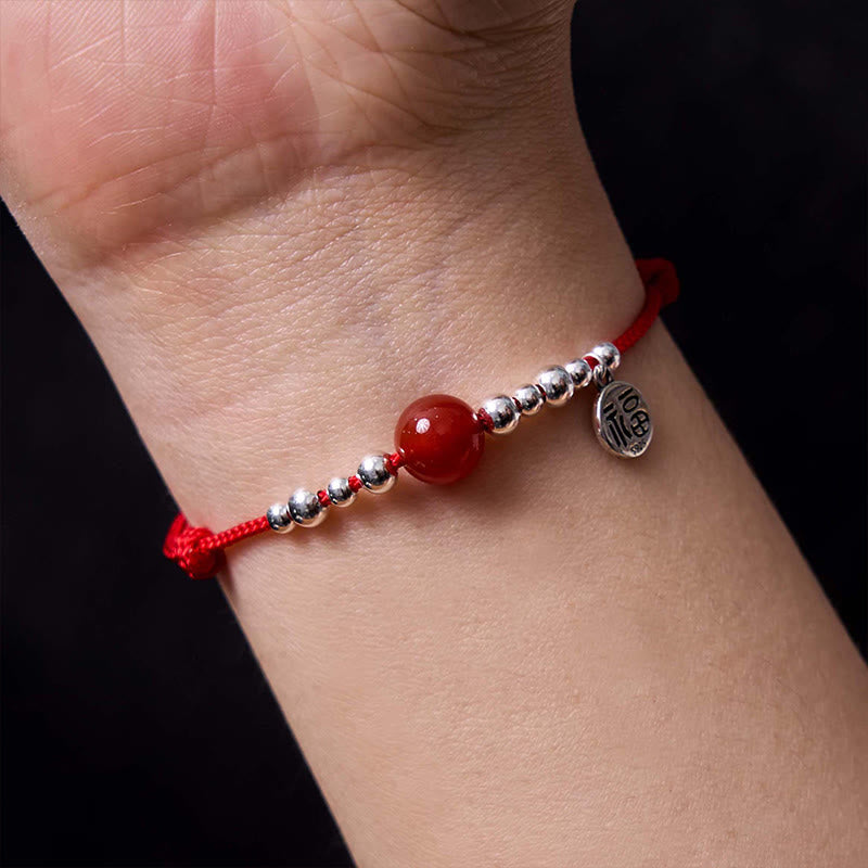 Nimara Ritual Handmade 925 Sterling Silver Fu Character Red Agate Fortune Braided Ultra-Thin Rope Bracelet