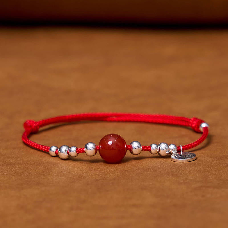 Nimara Ritual Handmade 925 Sterling Silver Fu Character Red Agate Fortune Braided Ultra-Thin Rope Bracelet