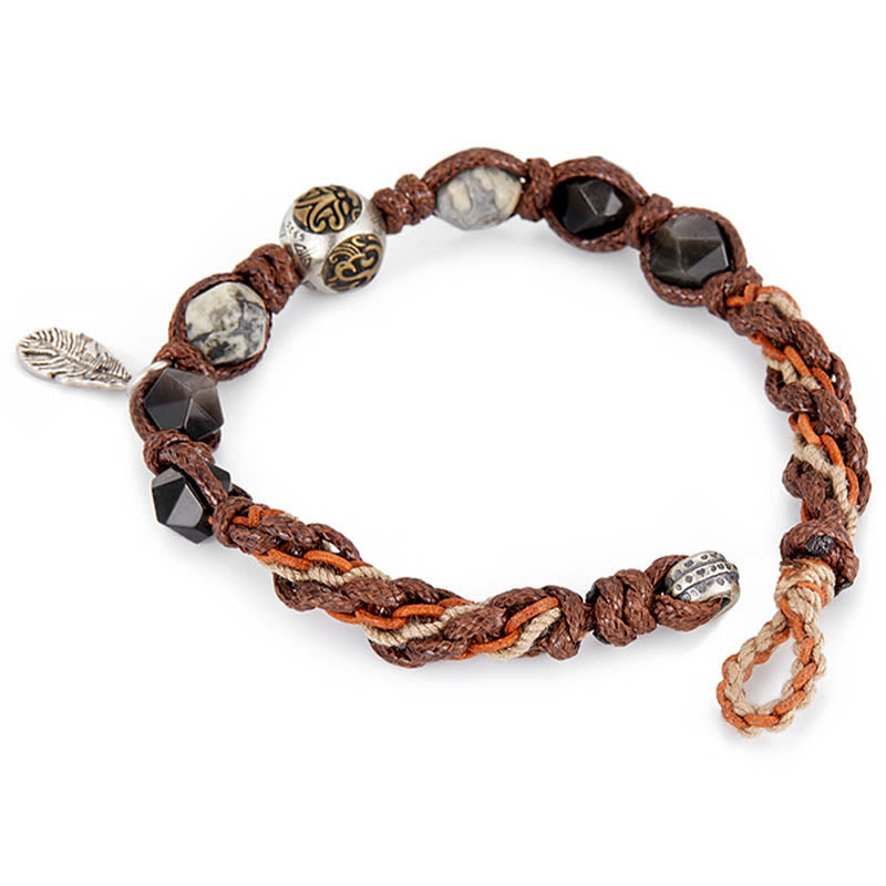 Nimara Ritual Retro 925 Sterling Silver Silver Sheen Obsidian Transport Rope Handmade Braided Bracelet