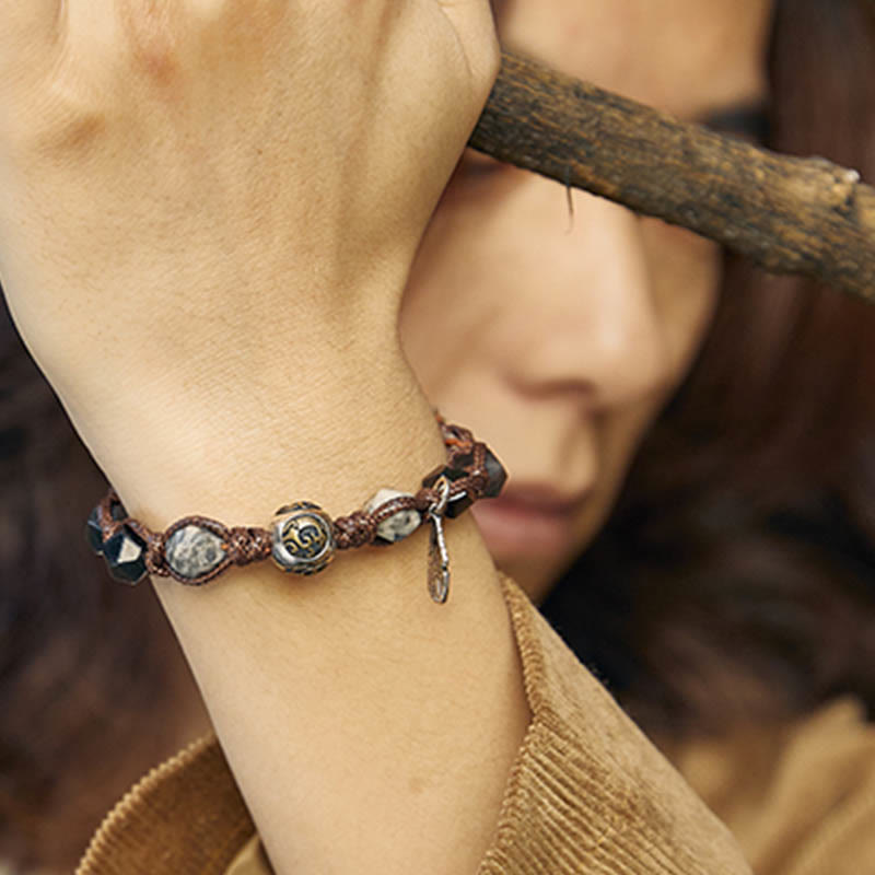 Nimara Ritual Retro 925 Sterling Silver Silver Sheen Obsidian Transport Rope Handmade Braided Bracelet