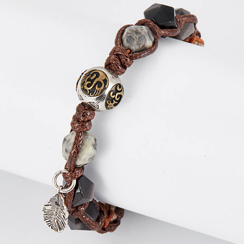 Nimara Ritual Retro 925 Sterling Silver Silver Sheen Obsidian Transport Rope Handmade Braided Bracelet