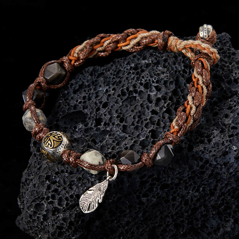 Nimara Ritual Retro 925 Sterling Silver Silver Sheen Obsidian Transport Rope Handmade Braided Bracelet