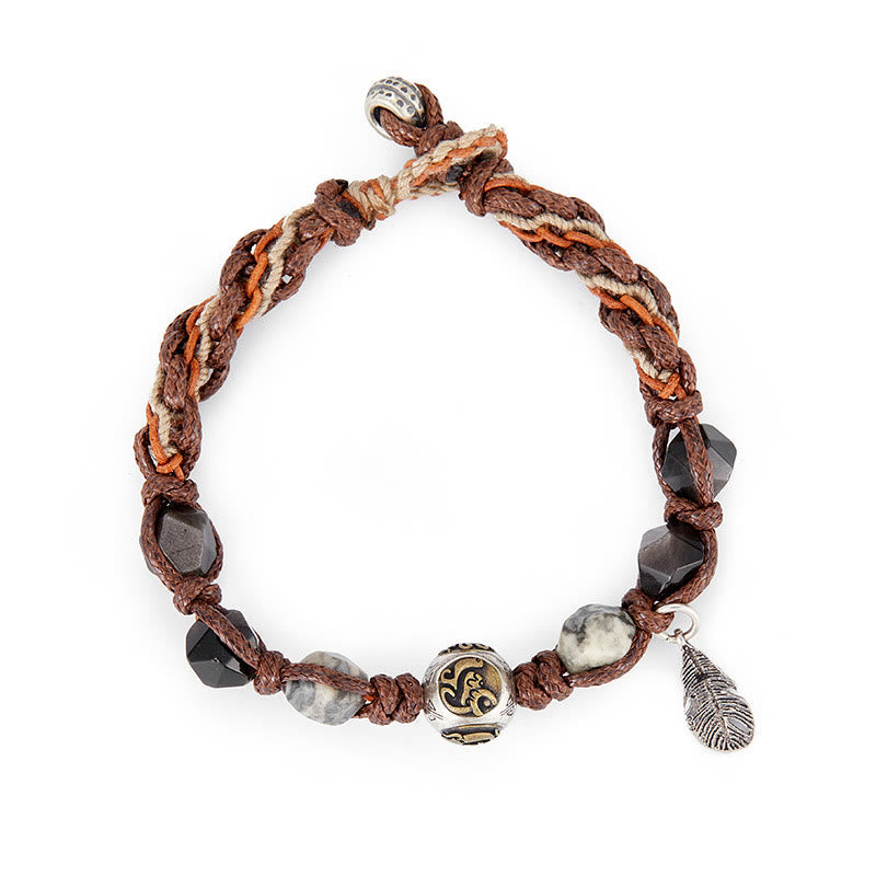 Nimara Ritual Retro 925 Sterling Silver Silver Sheen Obsidian Transport Rope Handmade Braided Bracelet