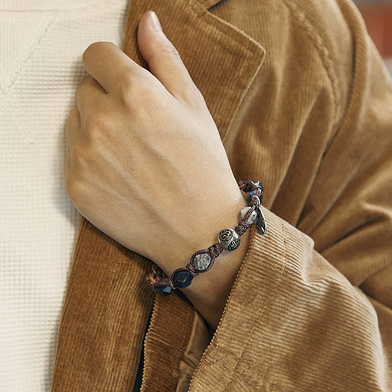 Nimara Ritual Retro 925 Sterling Silver Silver Sheen Obsidian Transport Rope Handmade Braided Bracelet