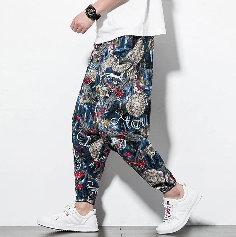 Nimara Ritual Red Dragonfly Dandelion Print Cotton Men's Harem Pants With Pockets
