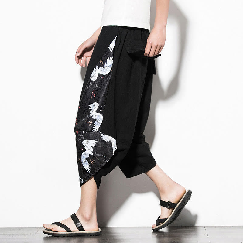 Nimara Ritual White Crane Print Cotton Men's Cropped Harem Pants With Pockets