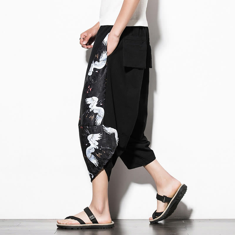 Nimara Ritual White Crane Print Cotton Men's Cropped Harem Pants With Pockets