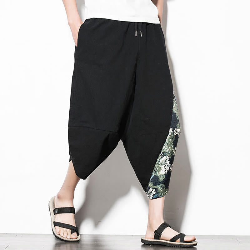 Nimara Ritual Green Waves Print Cotton Men's Cropped Harem Pants With Pockets