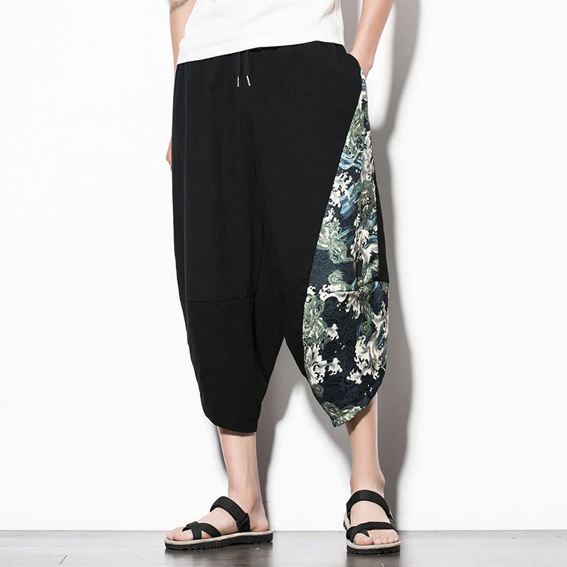 Nimara Ritual Green Waves Print Cotton Men's Cropped Harem Pants With Pockets
