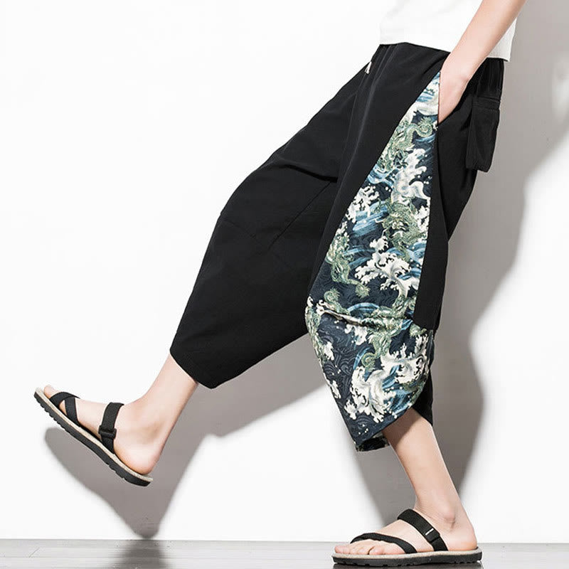 Nimara Ritual Green Waves Print Cotton Men's Cropped Harem Pants With Pockets