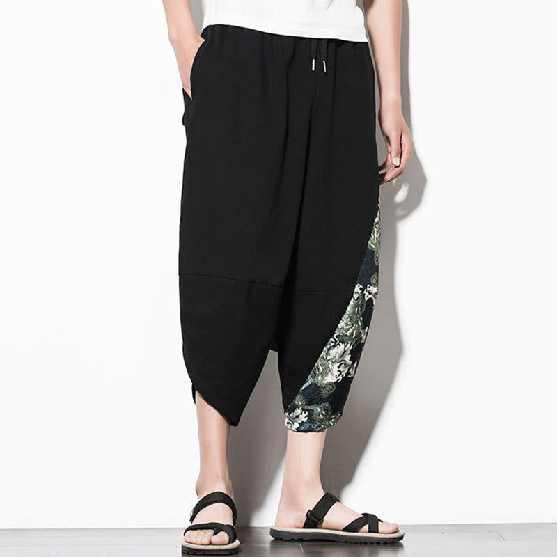 Nimara Ritual Green Waves Print Cotton Men's Cropped Harem Pants With Pockets