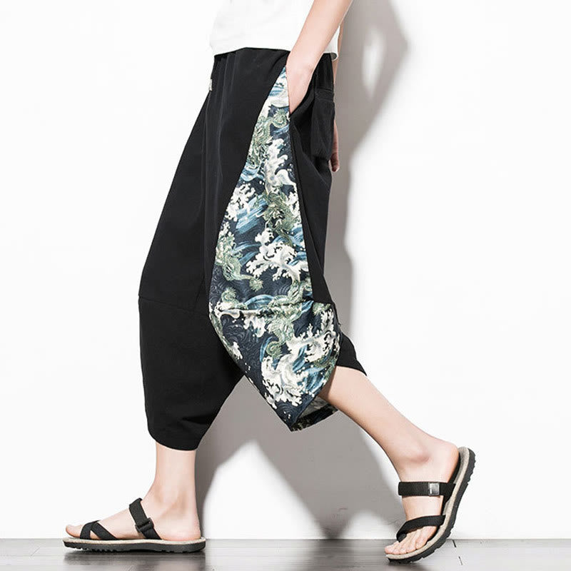 Nimara Ritual Green Waves Print Cotton Men's Cropped Harem Pants With Pockets