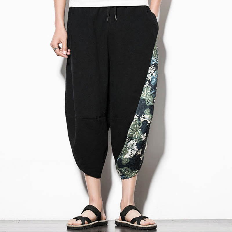 Nimara Ritual Green Waves Print Cotton Men's Cropped Harem Pants With Pockets