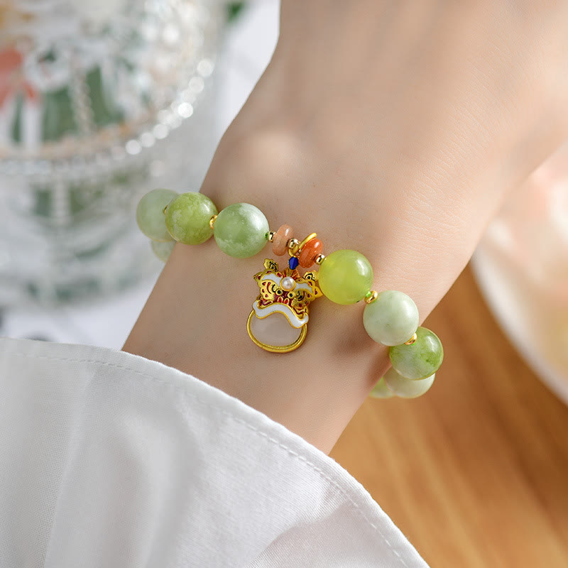 Nimara Ritual Natural Jade Dancing Lion Charm Prosperity Luck Bracelet