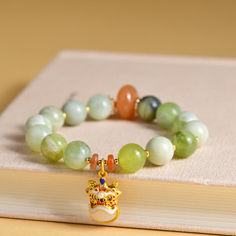 Nimara Ritual Natural Jade Dancing Lion Charm Prosperity Luck Bracelet
