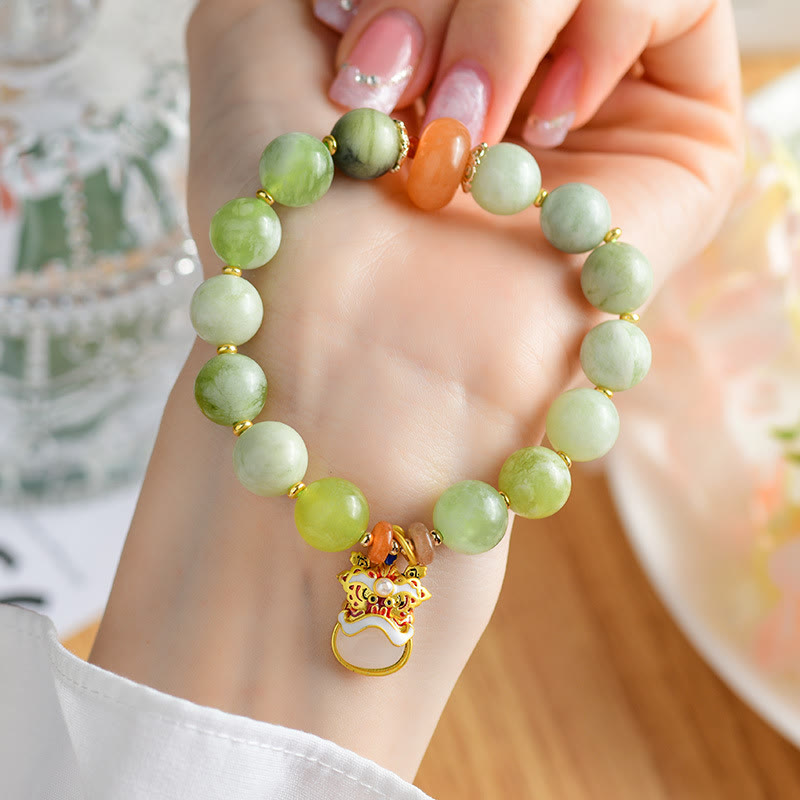 Nimara Ritual Natural Jade Dancing Lion Charm Prosperity Luck Bracelet