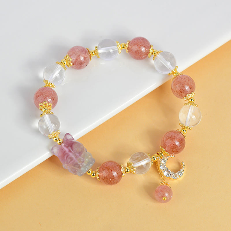 Nimara Ritual Natural White Strawberry Quartz Crystal Healing Love Nine Tailed Fox Moon Pendant Bracelet