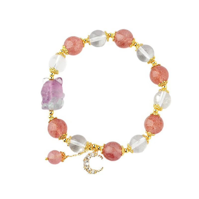 Nimara Ritual Natural White Strawberry Quartz Crystal Healing Love Nine Tailed Fox Moon Pendant Bracelet