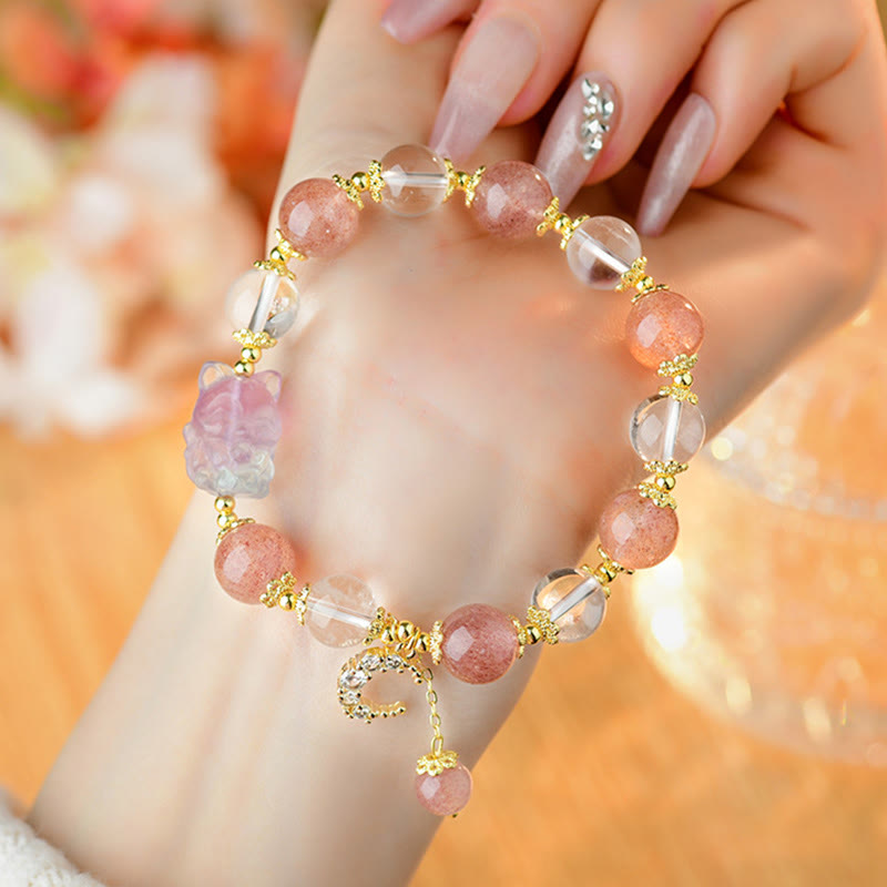 Nimara Ritual Natural White Strawberry Quartz Crystal Healing Love Nine Tailed Fox Moon Pendant Bracelet
