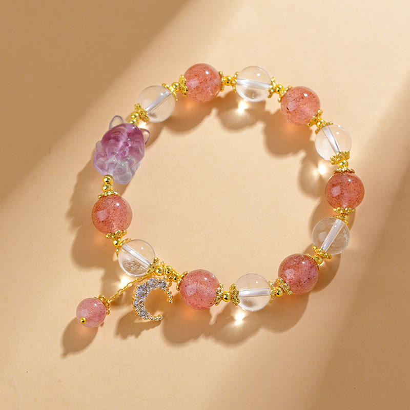 Nimara Ritual Natural White Strawberry Quartz Crystal Healing Love Nine Tailed Fox Moon Pendant Bracelet